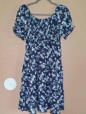lilt Navy Blue Floral Puff-Sleeve Casual Dress